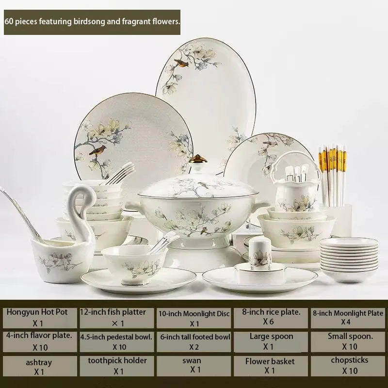Birds & Blossoms Bone Porcelain Dinner Set – 60 Pieces