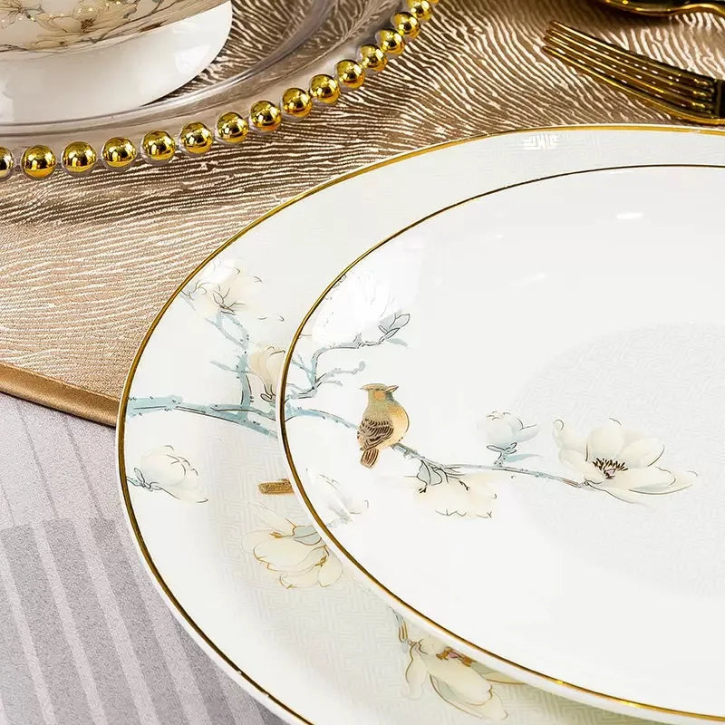 Birds & Blossoms Bone Porcelain Dinner Set – 60 Pieces