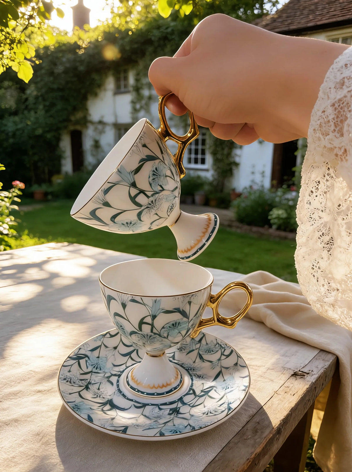 Green Perfume Lily Bone China Tea Cup Set