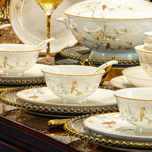 Birds & Blossoms Bone Porcelain Dinner Set – 60 Pieces