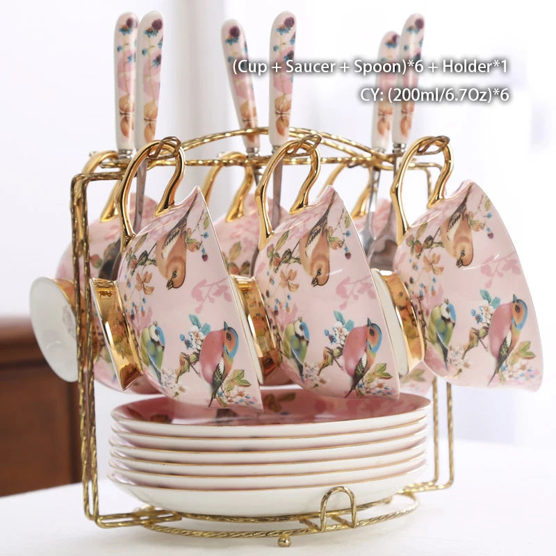 Pink Bird Bone China Coffee Set