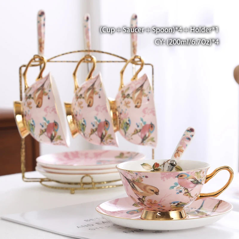 Pink Bird Bone China Coffee Set