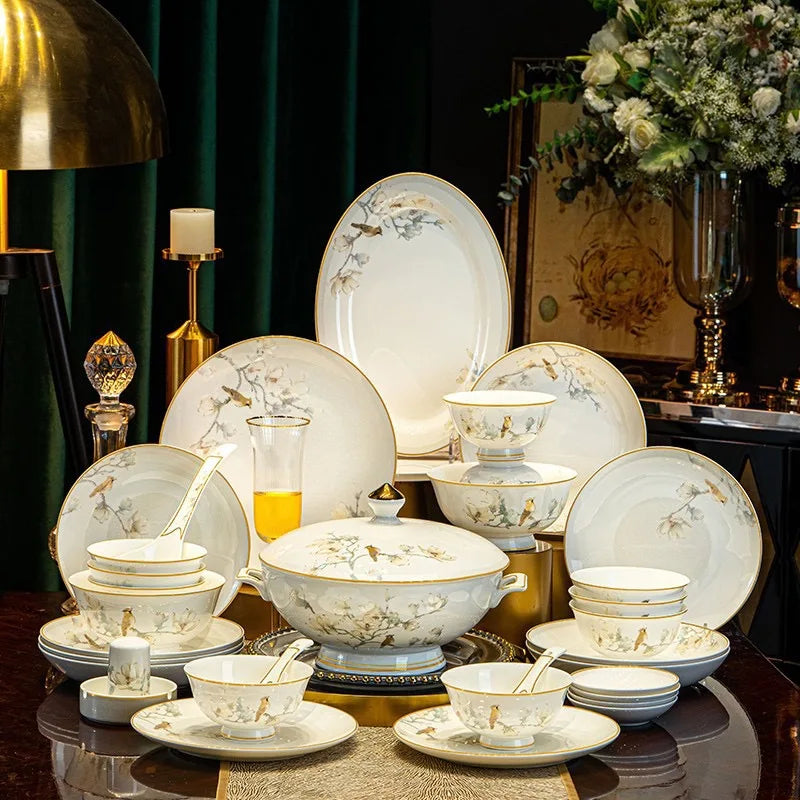 Birds & Blossoms Bone Porcelain Dinner Set – 60 Pieces