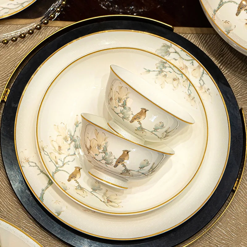 Birds & Blossoms Bone Porcelain Dinner Set – 60 Pieces