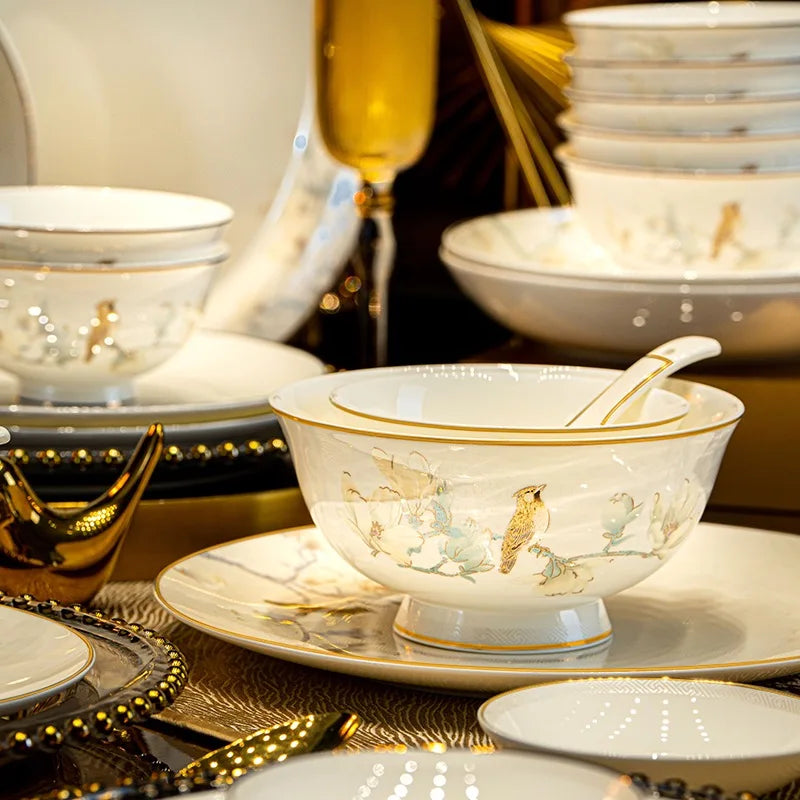 Birds & Blossoms Bone Porcelain Dinner Set – 60 Pieces