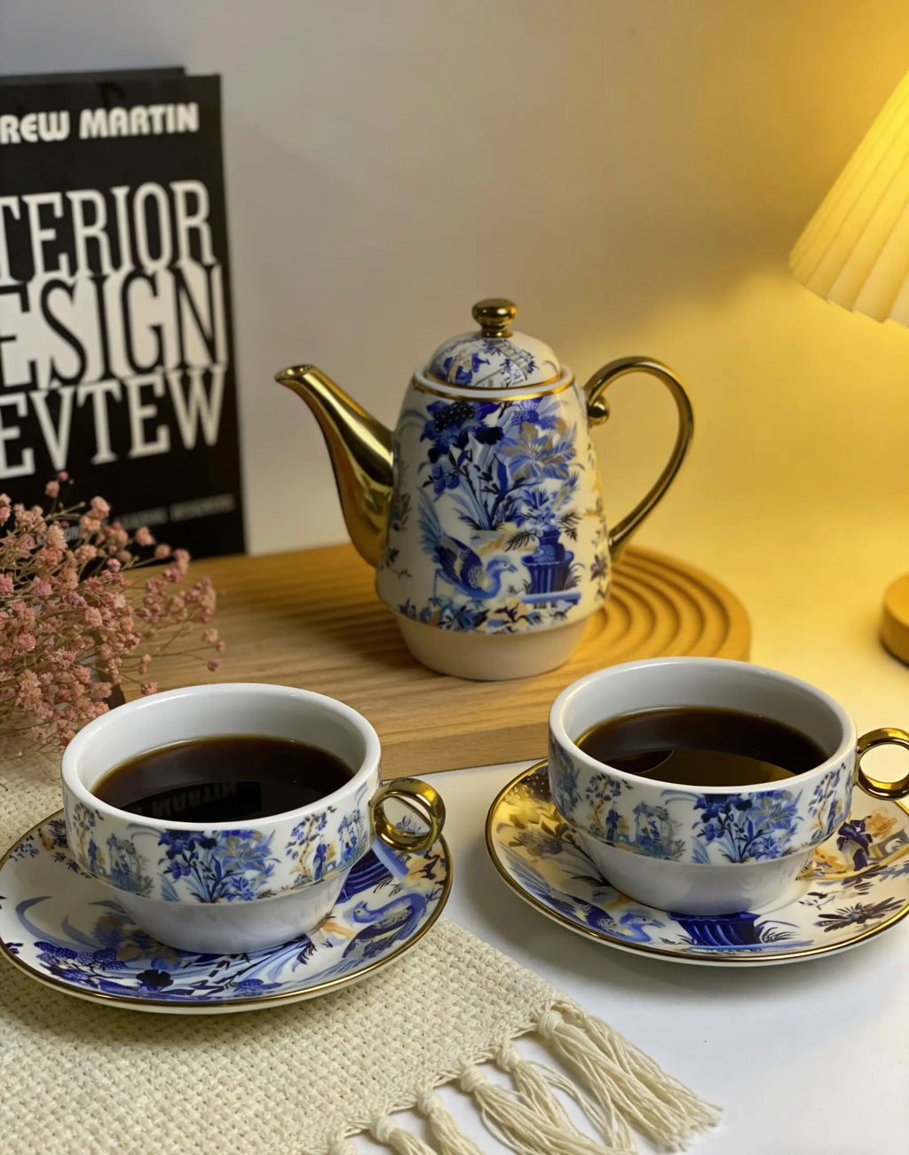 Blue & White Porcelain Coffee Set – Pot, 2 Cups & 2 Plates