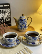 Blue & White Porcelain Coffee Set – Pot, 2 Cups & 2 Plates