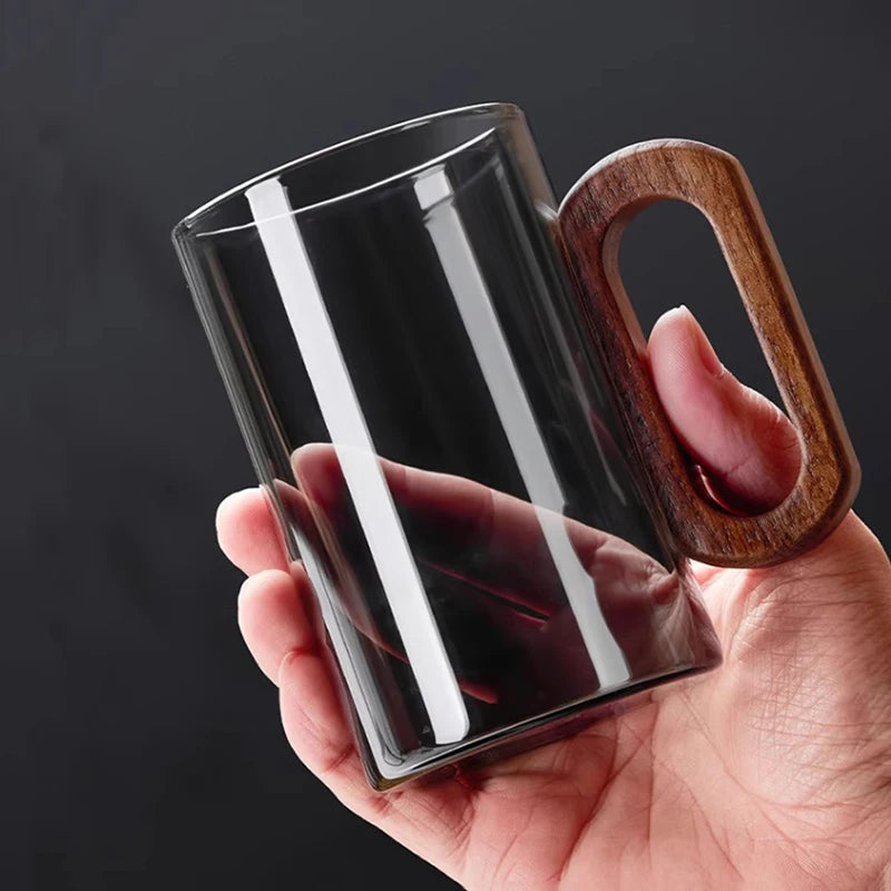 Glass Mug Set with Wooden Handle – 360 ml