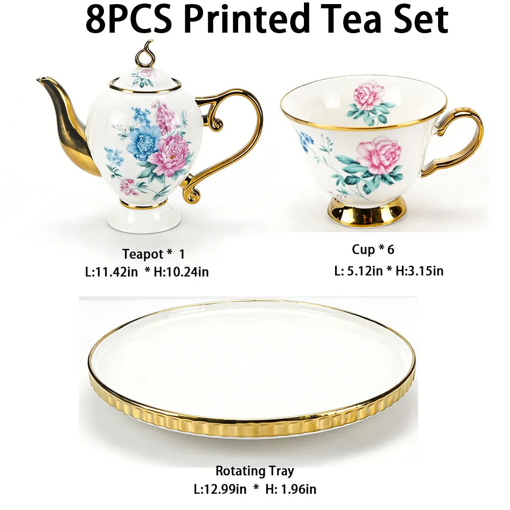 Vintage Floral Gold-Trim Porcelain Tea Set – 8 Pieces
