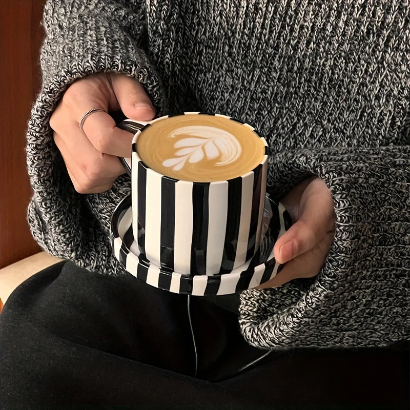 Black & White Striped Ceramic Mug with Saucer