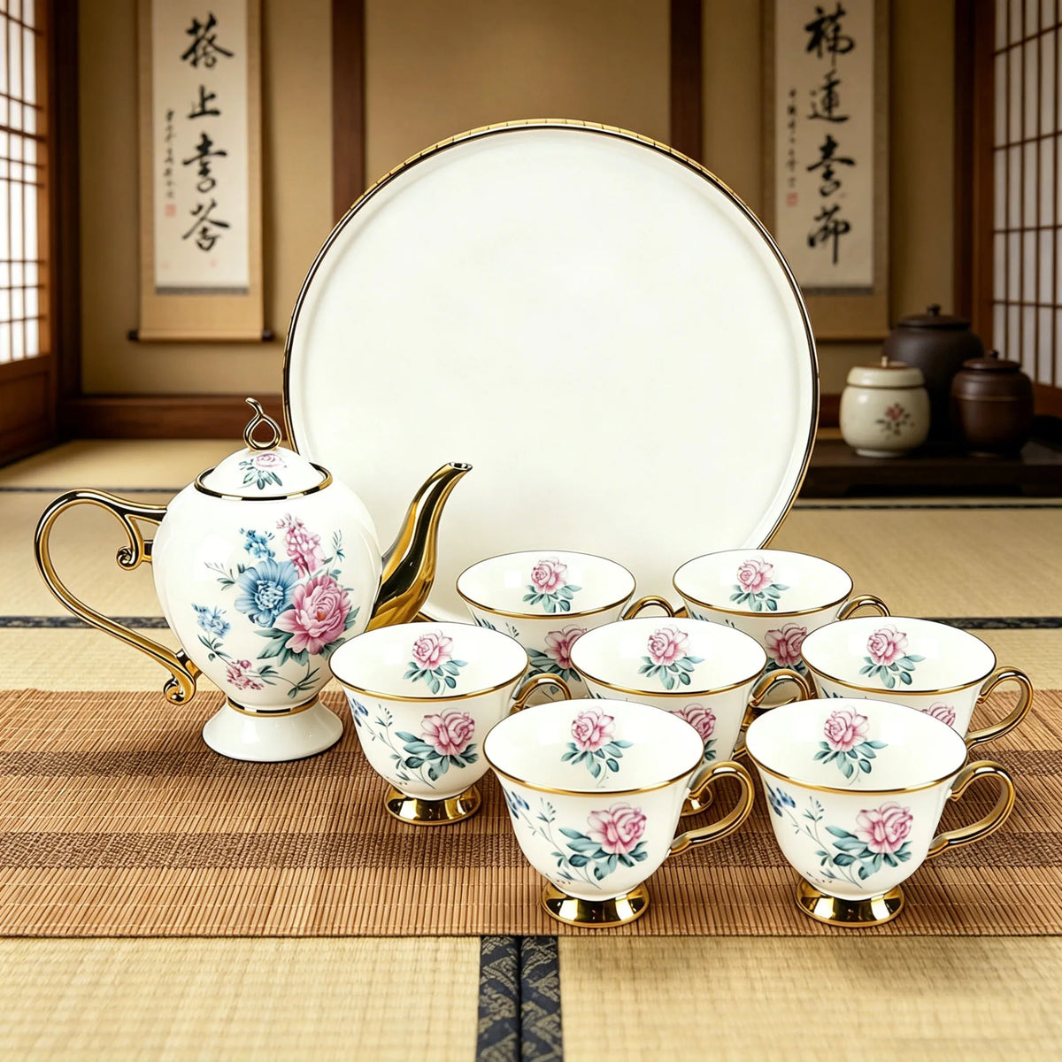 Vintage Floral Gold-Trim Porcelain Tea Set – 8 Pieces