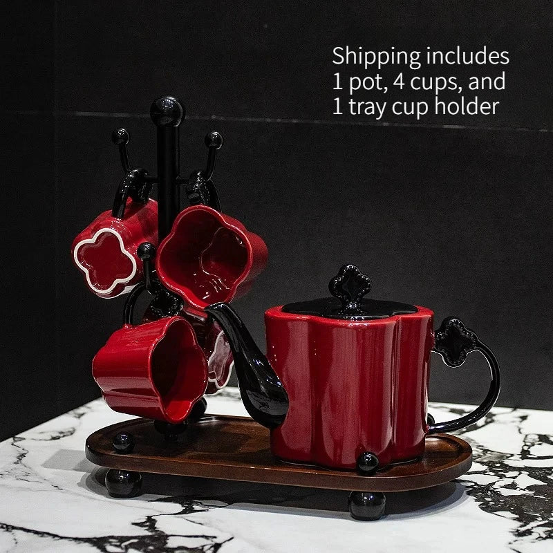 Floral Ceramic Tea Set with Cup Rack & Tray