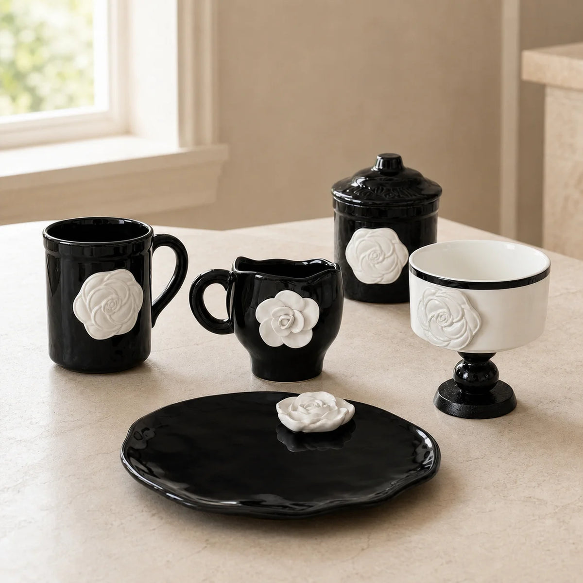 Vintage Camellia Embossed Ceramic Mug with Saucer
