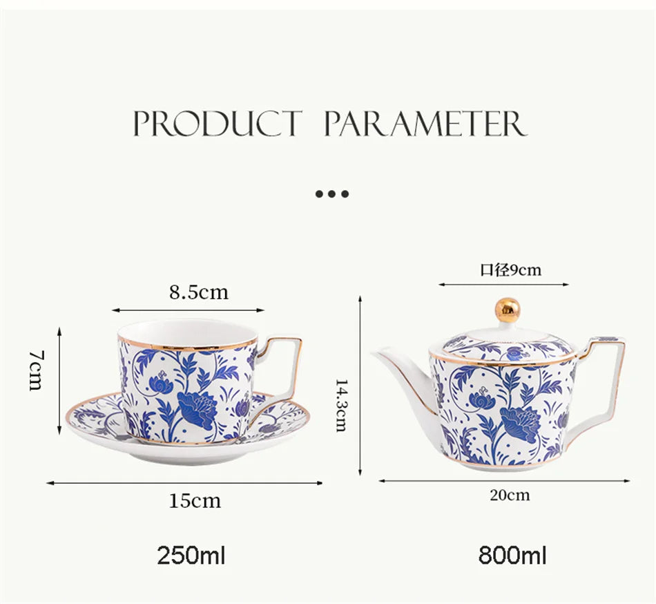Blue & White Porcelain Cup & Saucer Set with Gold Rim