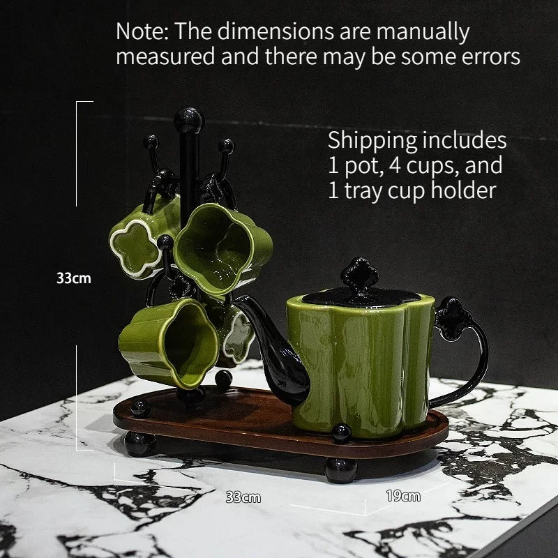Floral Ceramic Tea Set with Cup Rack & Tray