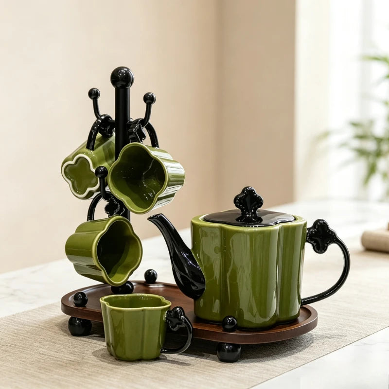 Floral Ceramic Tea Set with Cup Rack & Tray