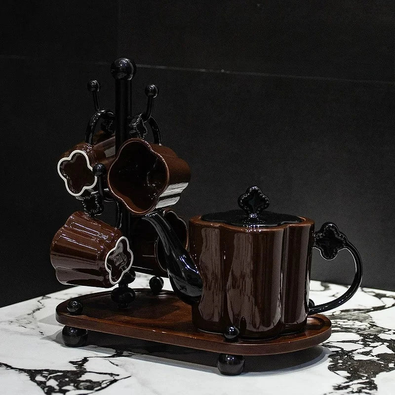 Floral Ceramic Tea Set with Cup Rack & Tray