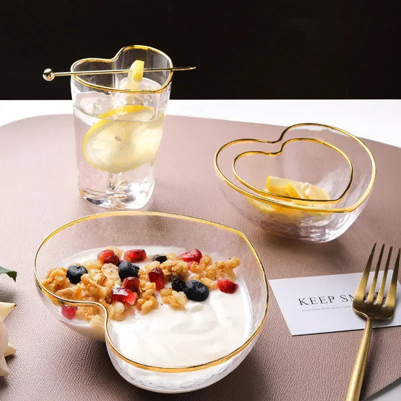 Heart-Shaped Gold-Edge Glass Tableware
