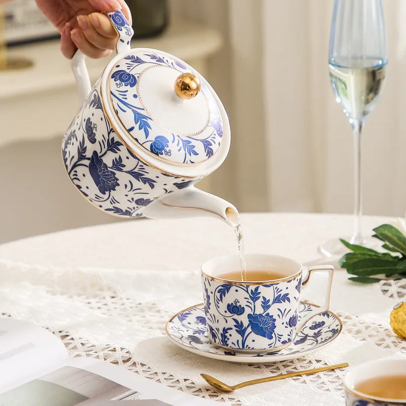 Blue & White Porcelain Cup & Saucer Set with Gold Rim