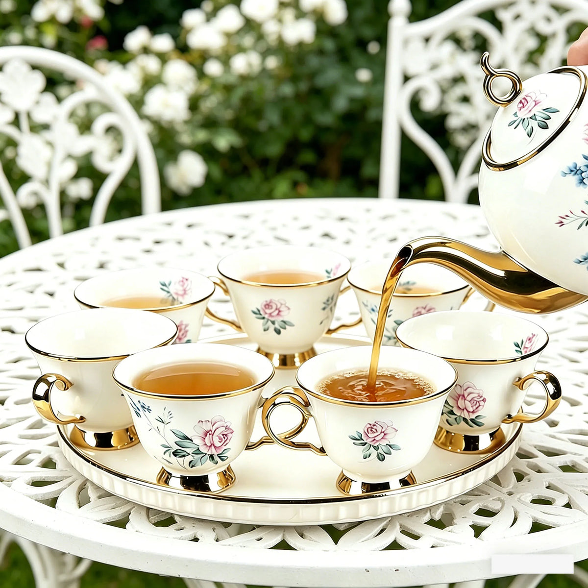 Vintage Floral Gold-Trim Porcelain Tea Set – 8 Pieces