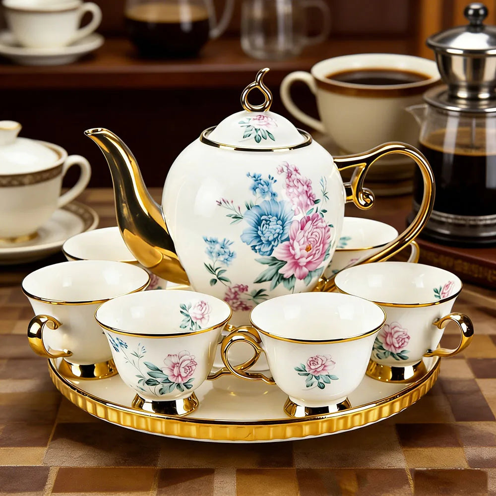 Vintage Floral Gold-Trim Porcelain Tea Set – 8 Pieces