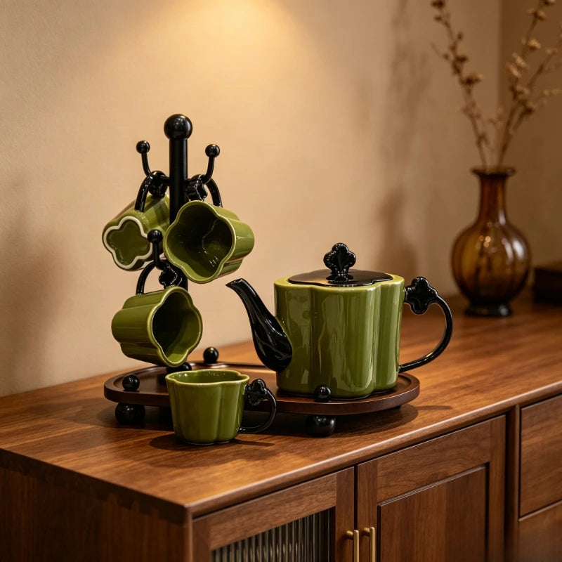 Floral Ceramic Tea Set with Cup Rack & Tray