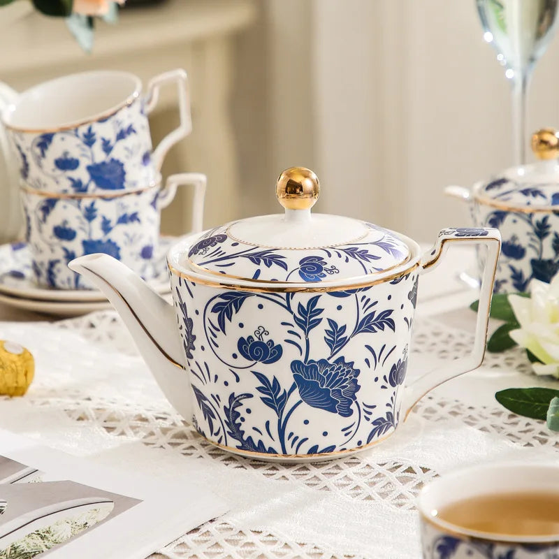 Blue & White Porcelain Cup & Saucer Set with Gold Rim