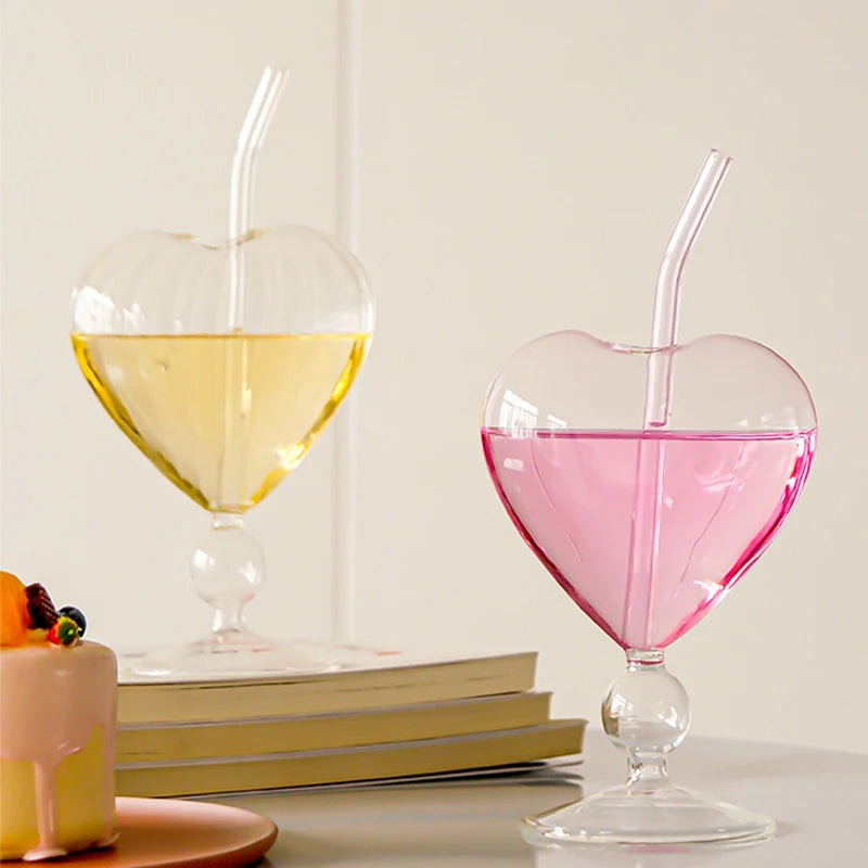 Heart-Shaped Glass Cup with Straw