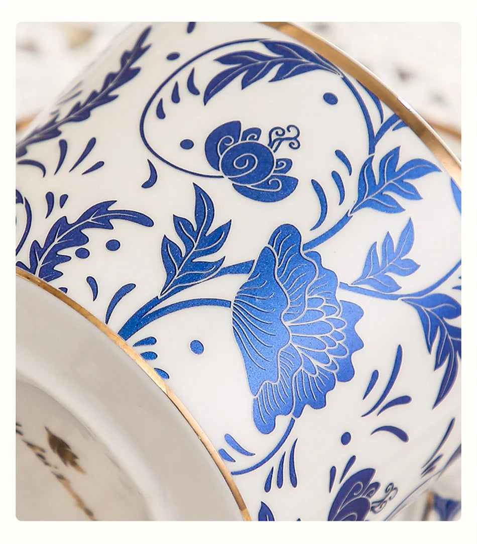 Blue & White Porcelain Cup & Saucer Set with Gold Rim