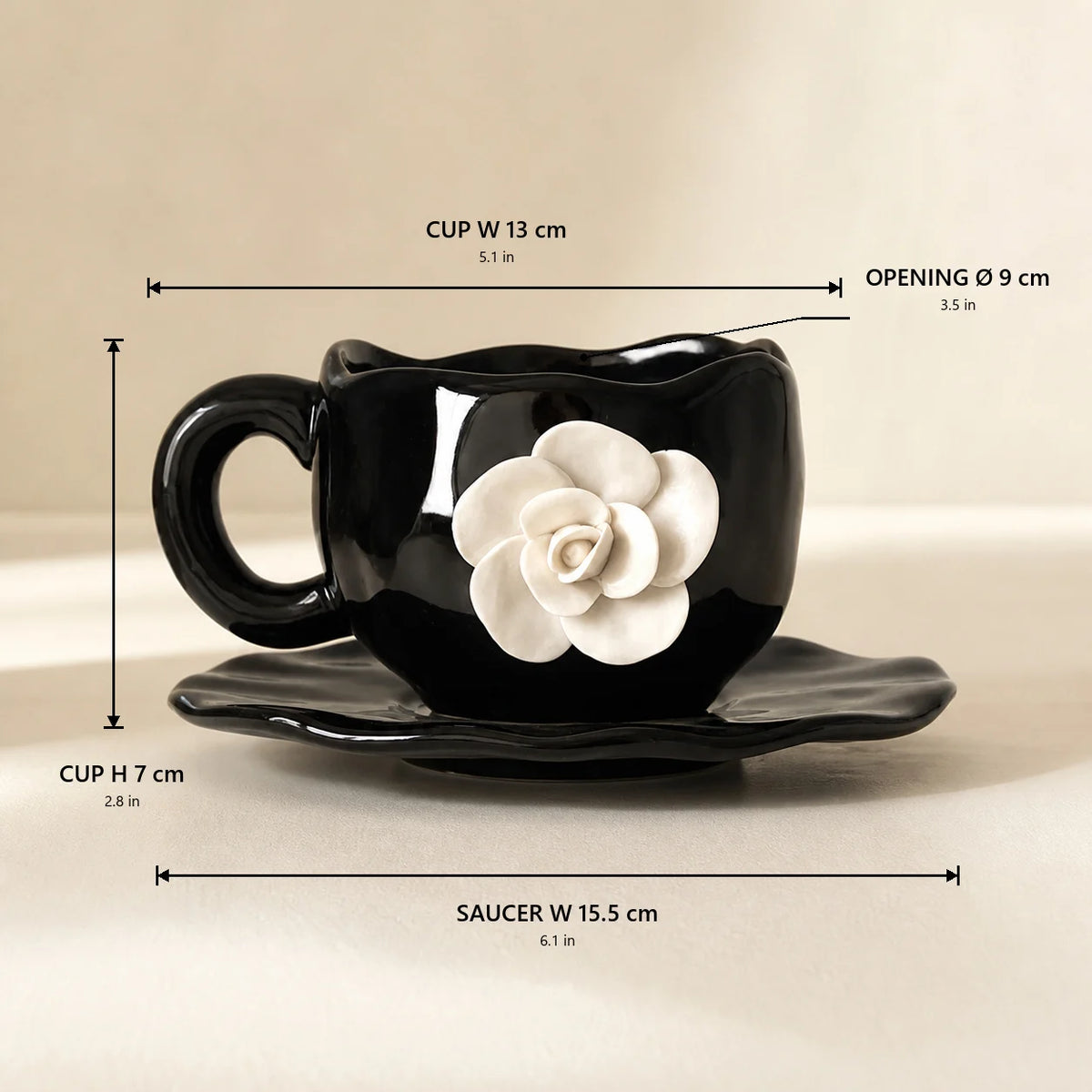 Vintage Camellia Embossed Ceramic Mug with Saucer