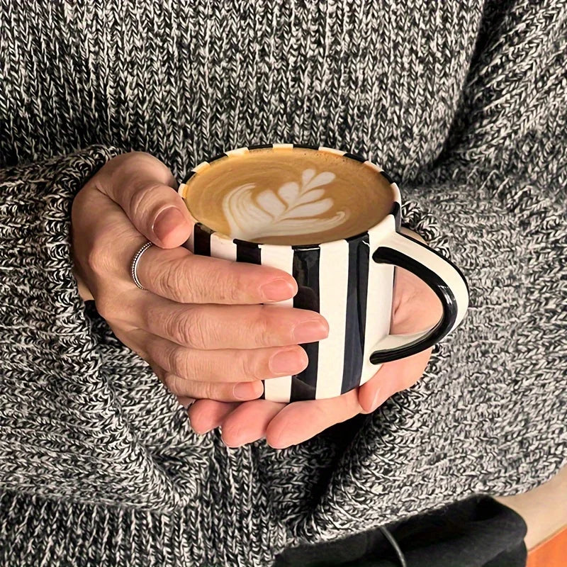 Black & White Striped Ceramic Mug with Saucer