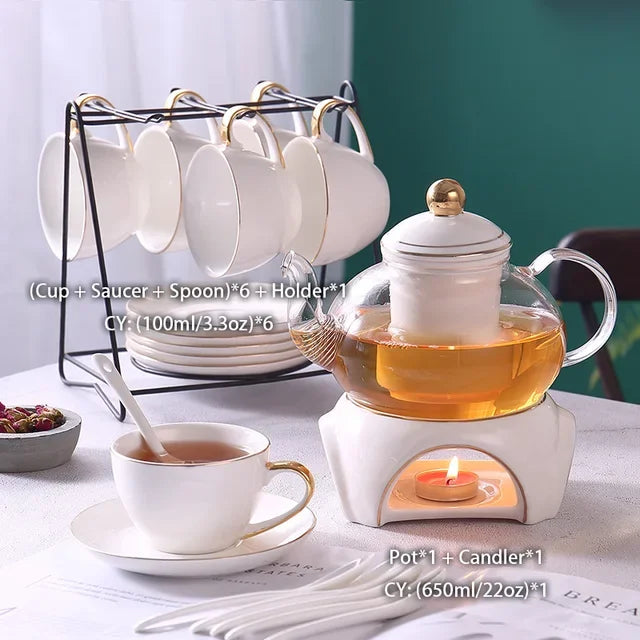 طقم شاي سيراميك ذهبي وأبيض