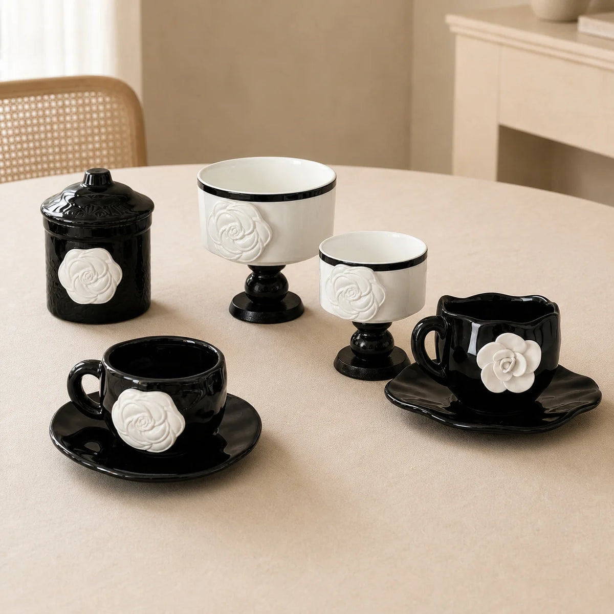 Vintage Camellia Embossed Ceramic Mug with Saucer