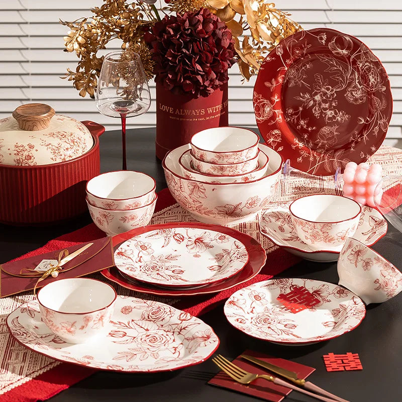 طقم عشاء بورسلين وردة حمراء