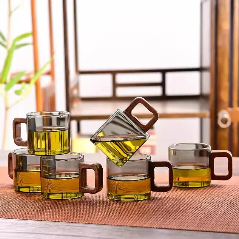 Glass Espresso Cup Set with Walnut Handle – 120 ml