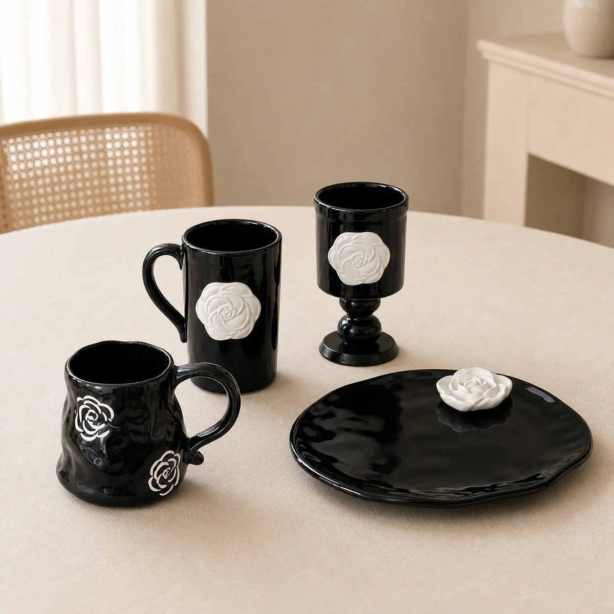Vintage Camellia Embossed Ceramic Mug with Saucer