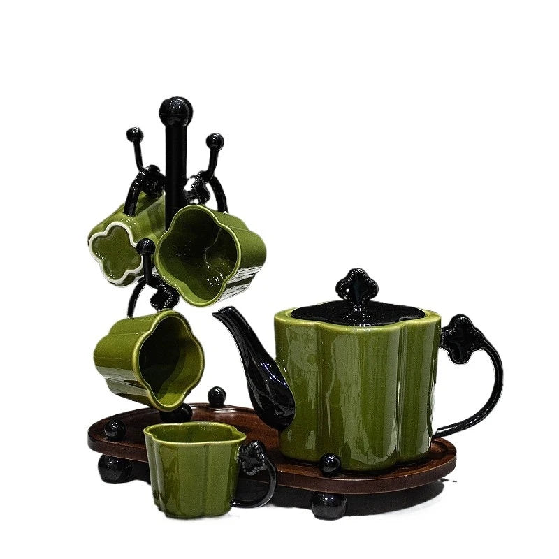 Floral Ceramic Tea Set with Cup Rack & Tray