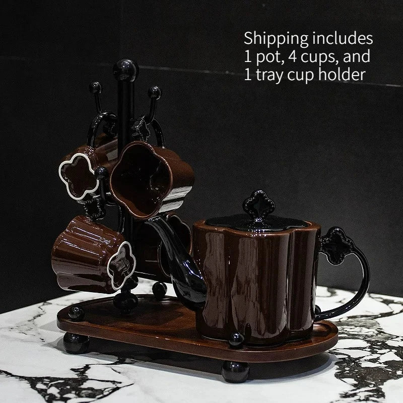 Floral Ceramic Tea Set with Cup Rack & Tray