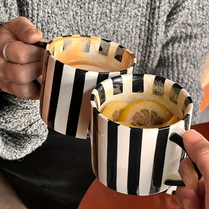 Black & White Striped Ceramic Mug with Saucer