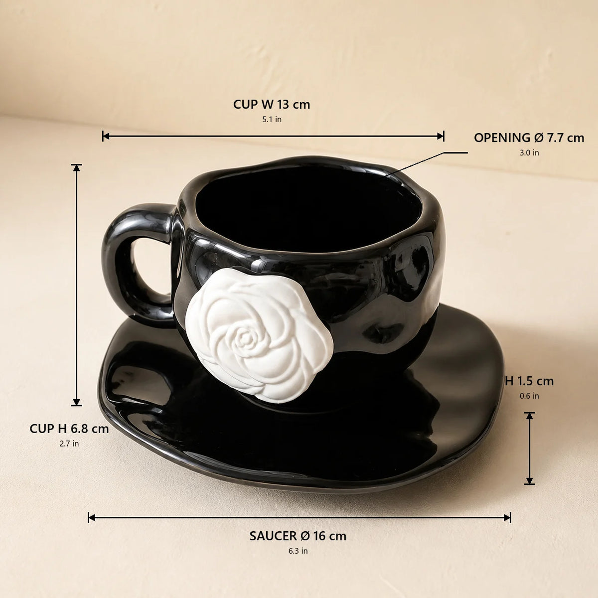 Vintage Camellia Embossed Ceramic Mug with Saucer