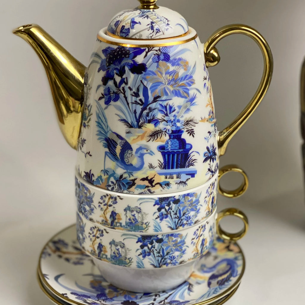 Blue & White Porcelain Coffee Set – Pot, 2 Cups & 2 Plates