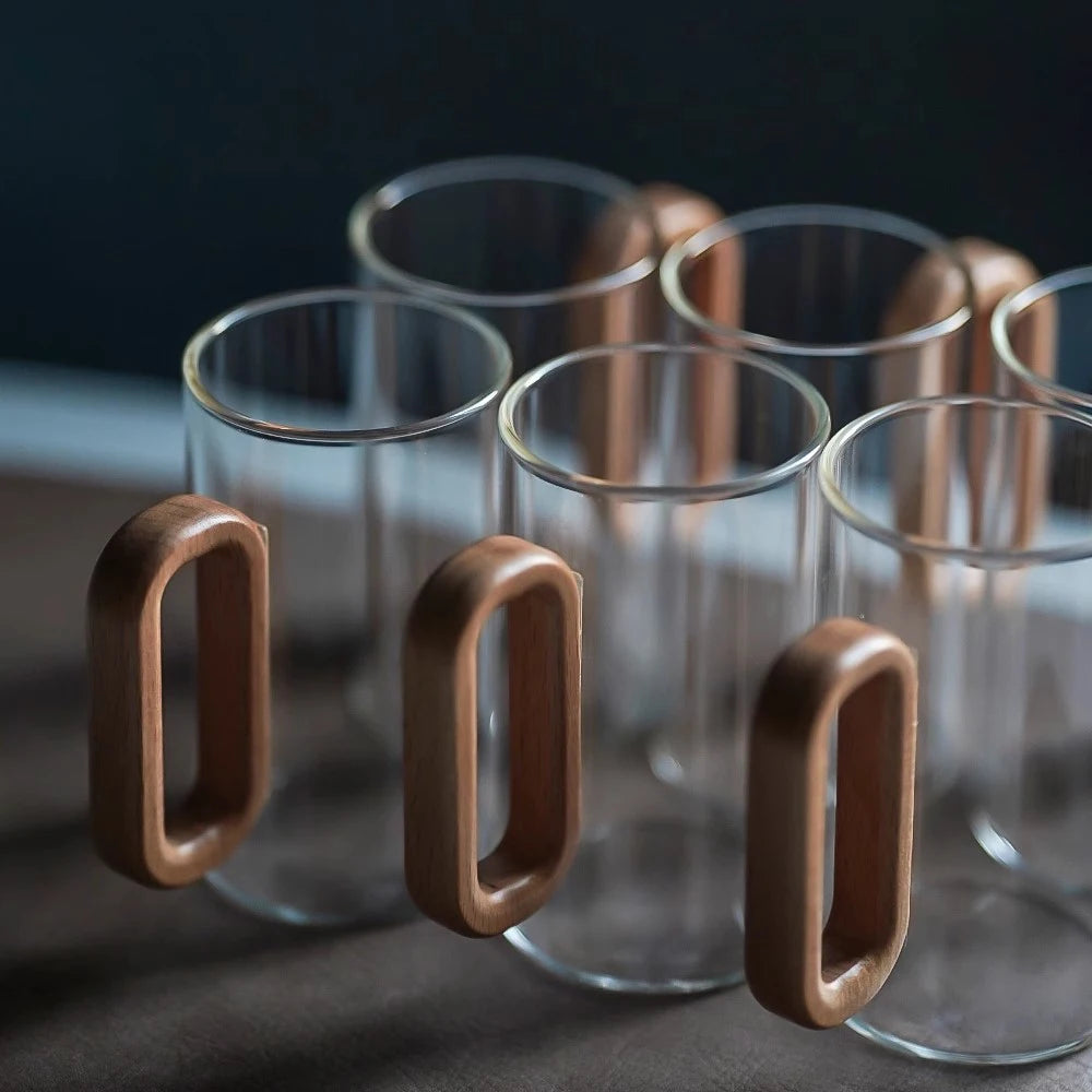 Glass Mug Set with Wooden Handle – 360 ml