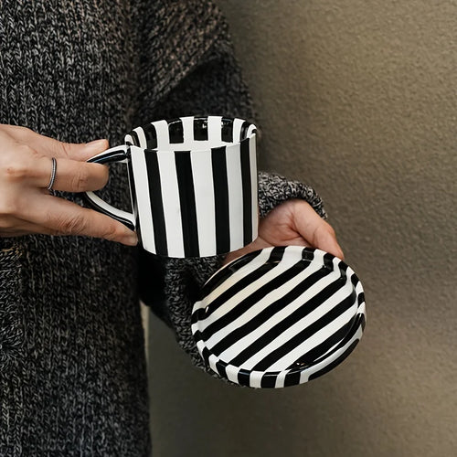 Black & White Striped Ceramic Mug with Saucer