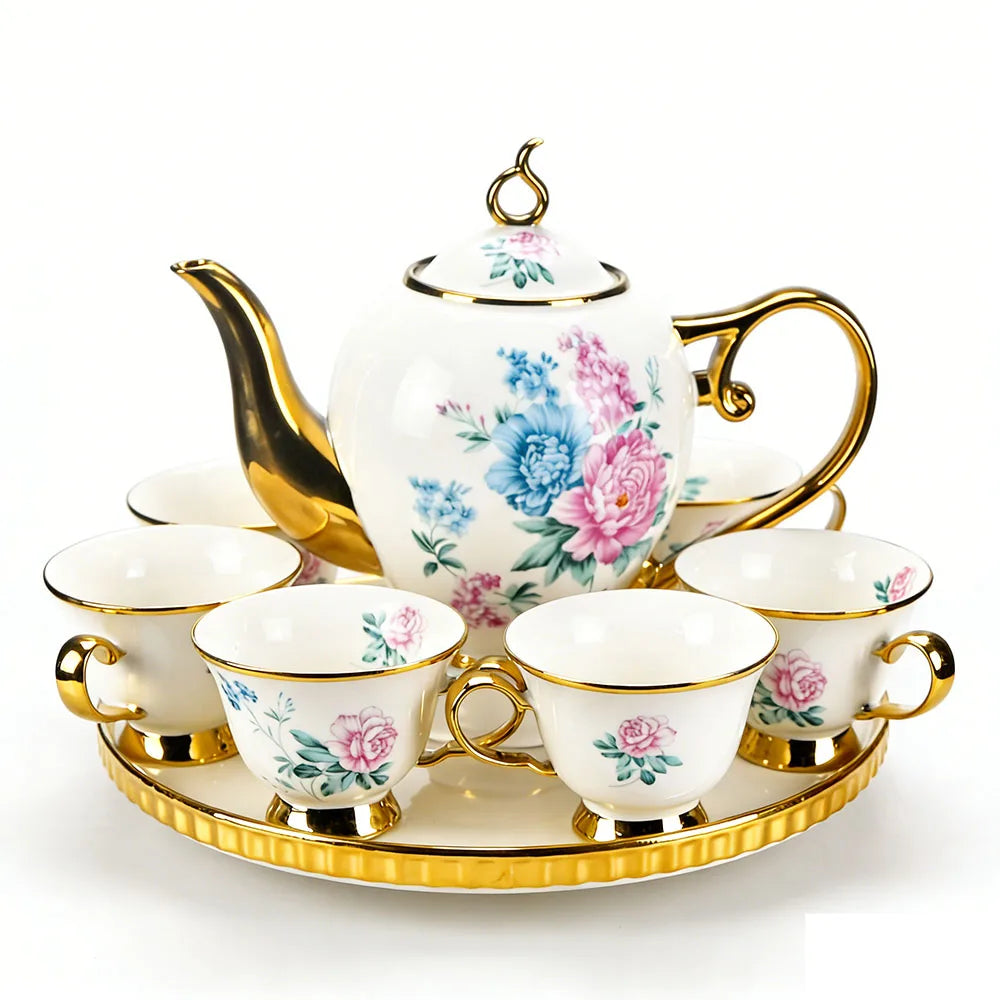 Vintage Floral Gold-Trim Porcelain Tea Set – 8 Pieces