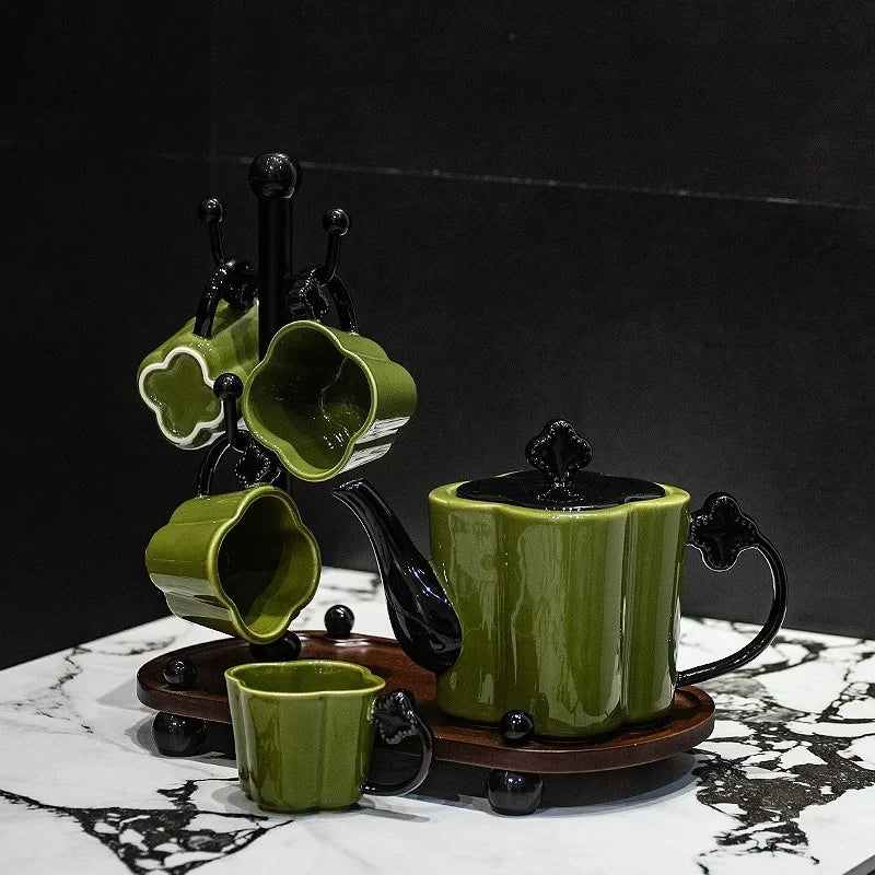 Floral Ceramic Tea Set with Cup Rack & Tray