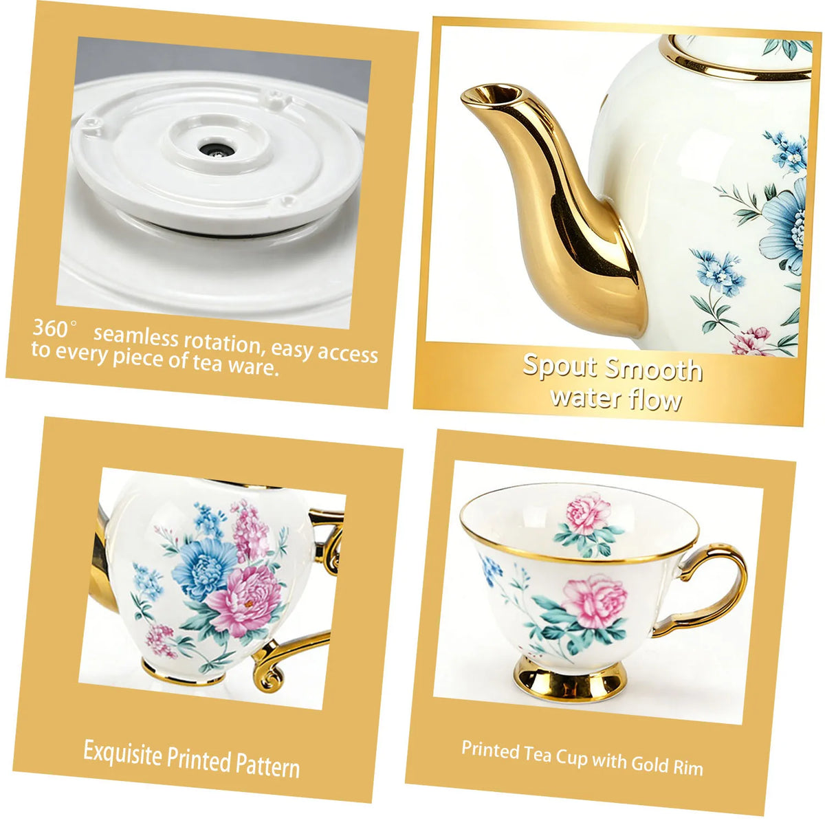 Vintage Floral Gold-Trim Porcelain Tea Set – 8 Pieces